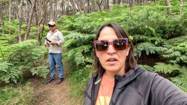 In this image, Vicki and Adam are standing on the walking track above Smokehouse Bay. Adam is surrounded by ferns and kānuka